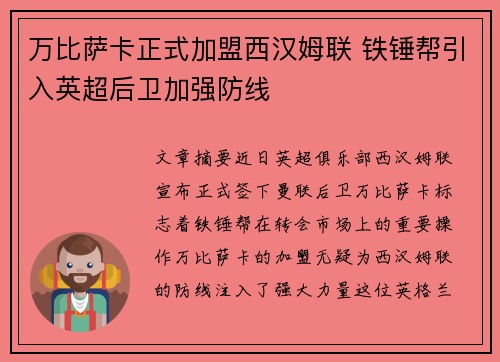 万比萨卡正式加盟西汉姆联 铁锤帮引入英超后卫加强防线 万比萨卡正式加盟西汉姆联 铁锤帮引入英超后卫加强防线
