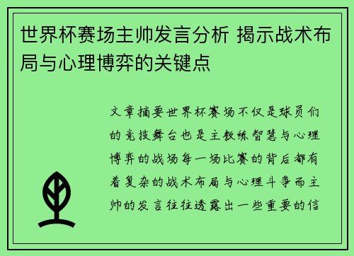 世界杯赛场主帅发言分析 揭示战术布局与心理博弈的关键点